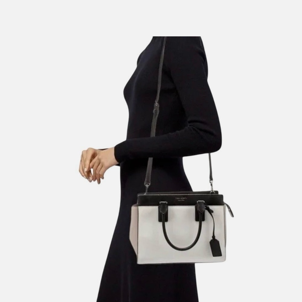 Kate Spade Cameron Medium Satchel Shoulder Tote Bag White Beige Black Leather - Picture 2 of 6